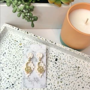 White Flower Charm Diamond Dangle Earrings